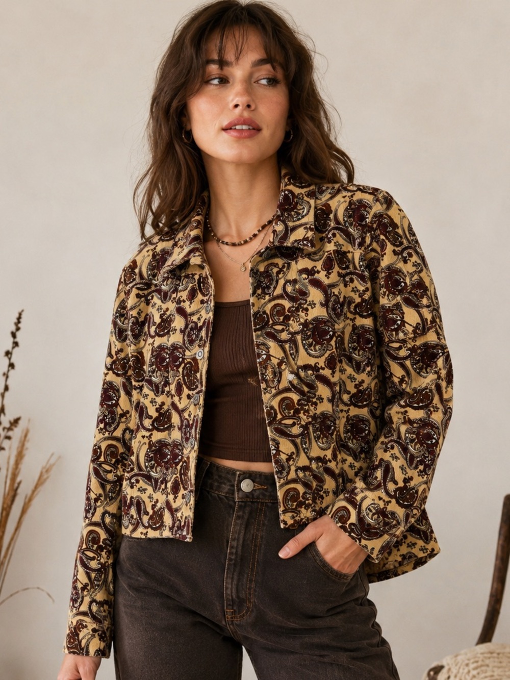 Women’s XL Paisley Corduroy Jacket Boho Retro Y2K Fall Western Button Front